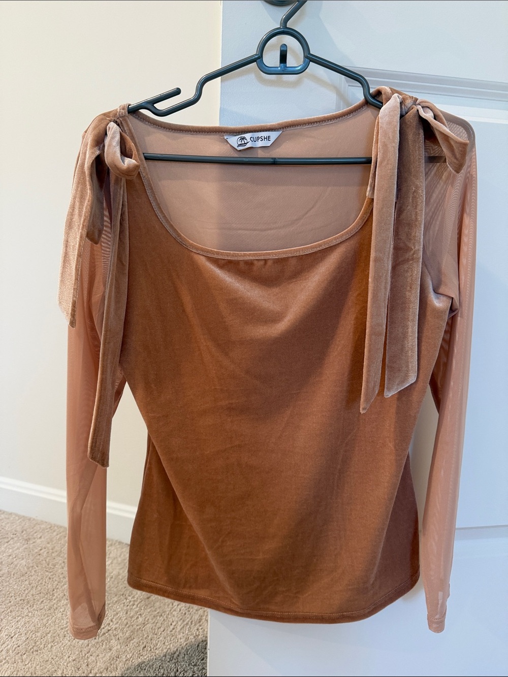 Cupshe Velvet Tie-Shoulder Long Sleeve Top in Burnt Peach